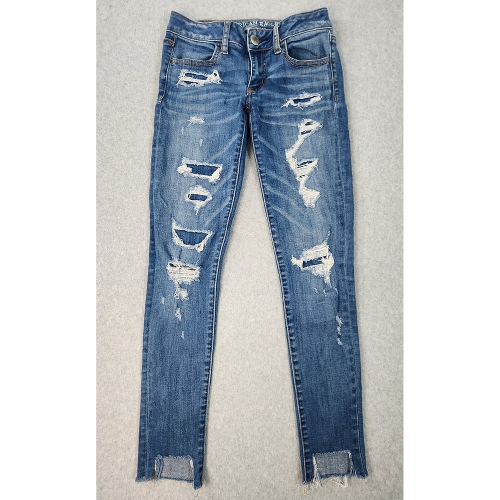 AEO Denim Jeans Blue Distressed Super Low Jegging Womens 2 (24x28) Blue Stretch